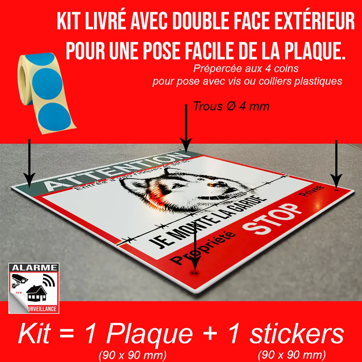 Pancarte Attention Au Chien De Garde avec un Malamute illustré et instructions de pose.