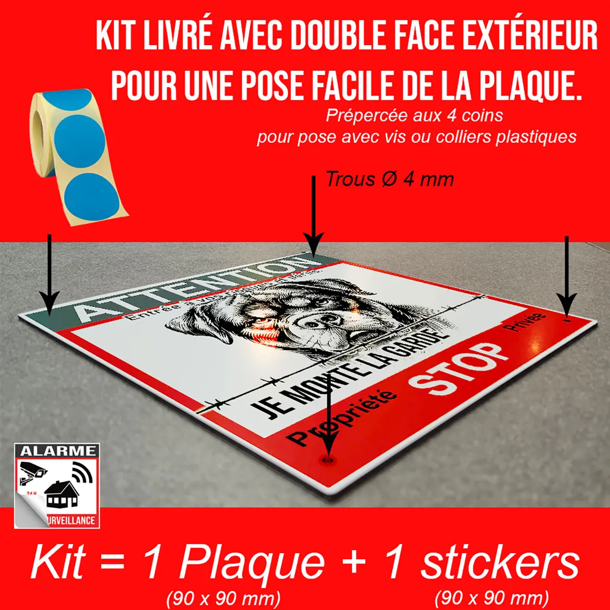 Pancarte Attention Au Chien Maison avec un Rottweiler sur fond rouge.