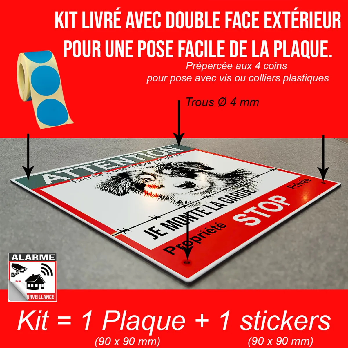 Pancarte Attention Au Chien Humoristique sur fond noir et rouge