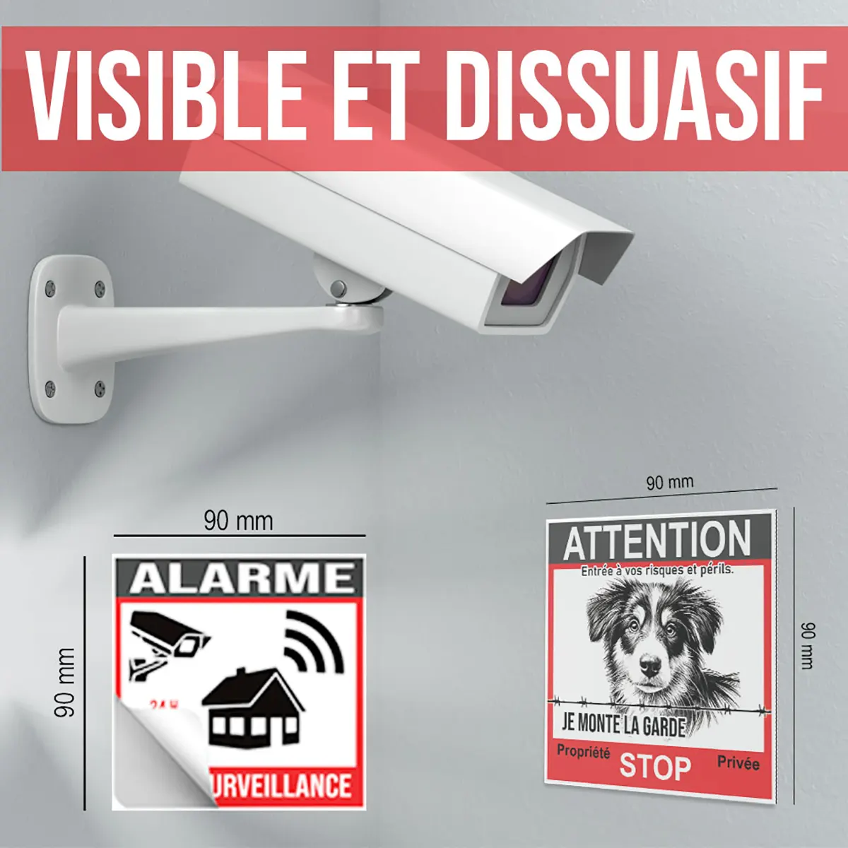 Panneau Chien Humoristique avec un chien monté en garde à côté d'une caméra de surveillance.