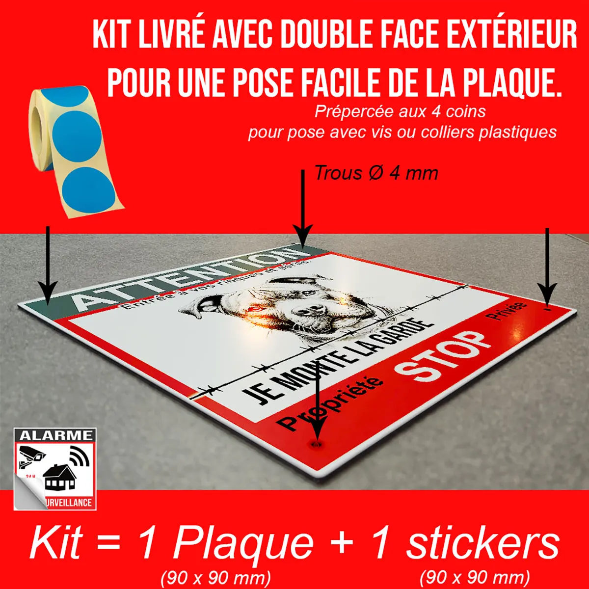 Pancarte Attention Au Chien Agressif avec un design de Staffie et instructions d'installation.