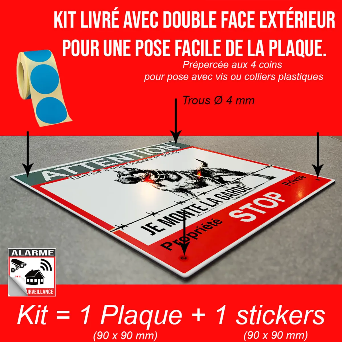 Pancarte Attention Au Chien Protecteur avec un chien en garde sur fond rouge.