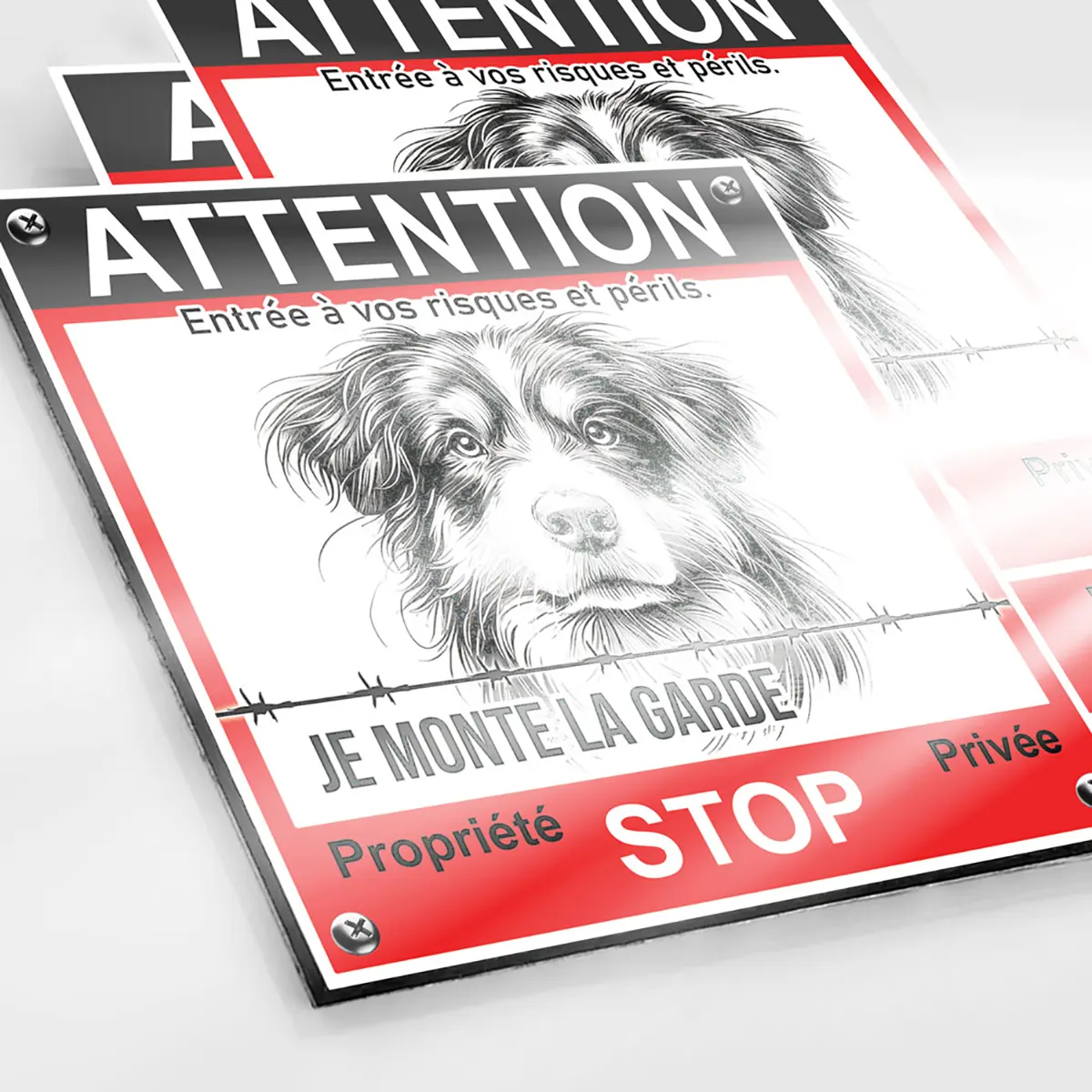 Attention Au Chien Personnalisé plaque avec dessin de chien et message d'avertissement.