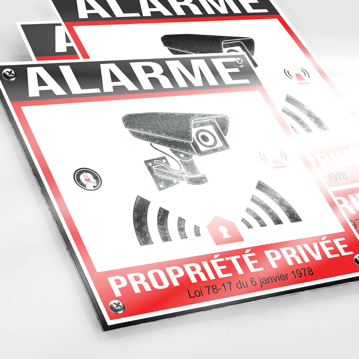 Plaque Alarme Caméra avec illustration de surveillance sur fond blanc