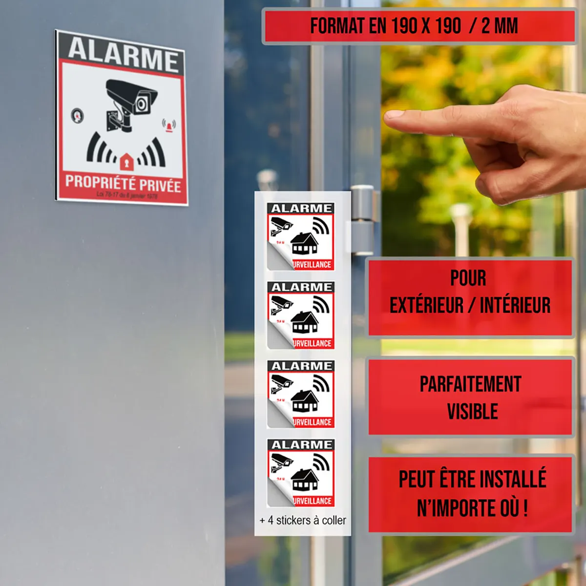 Affiche Alarme Caméra indiquant une propriété privée avec un symbole de caméra de surveillance.