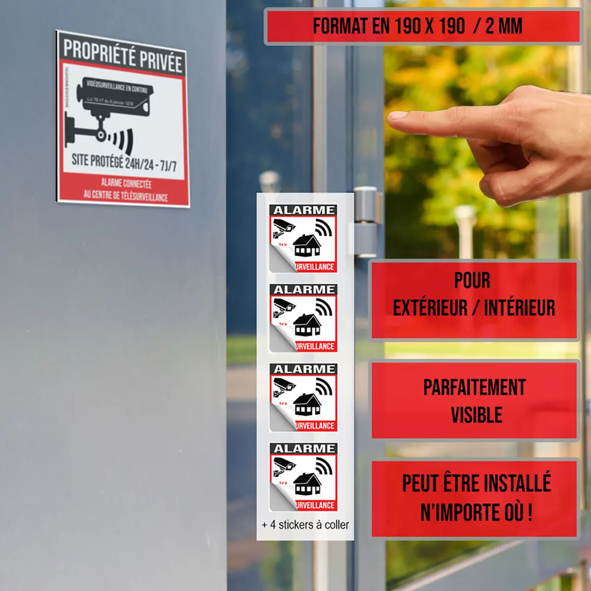 Affiche Alarme Sirène avec inscription Propriété Privée et autocollants de surveillance.