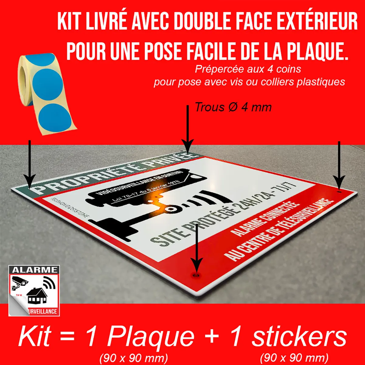 Pancartes Alarme Sirène pour propriété privée avec kit de pose inclus.