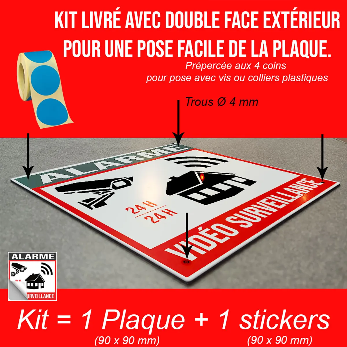 Pancartes Propriété Sous Alarme kit incluant plaque et stickers pour sécurité extérieure.