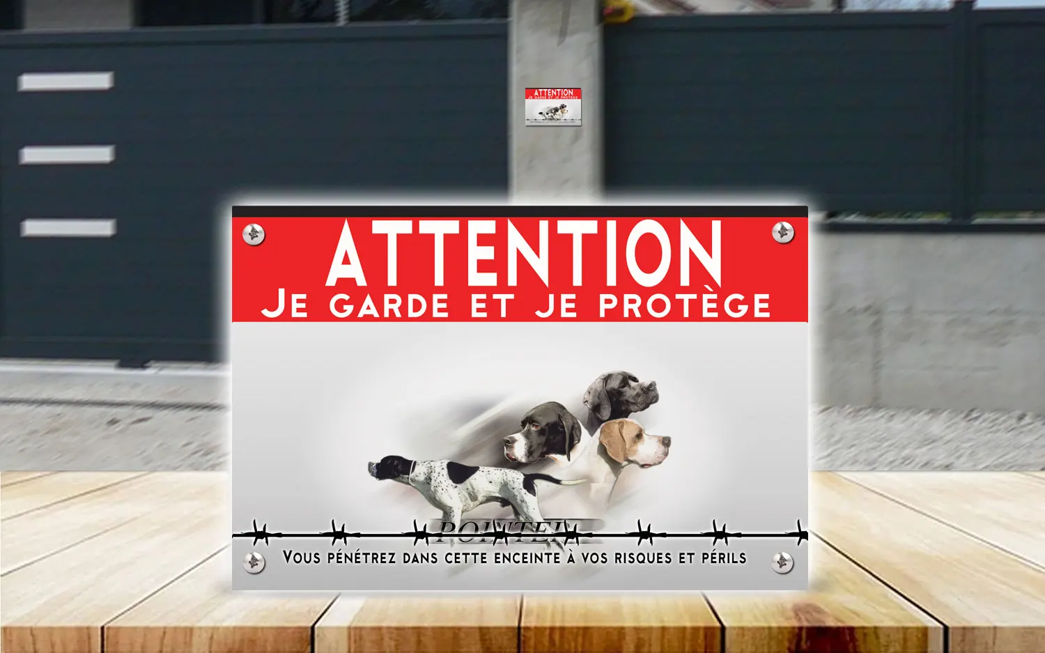 Plaque attention au chien pointer anglais en dibond 2 mm, posée sur un portail