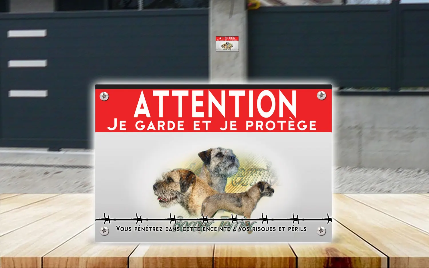 Plaque attention au chien border terrier en dibond 2 mm, posée sur un portail