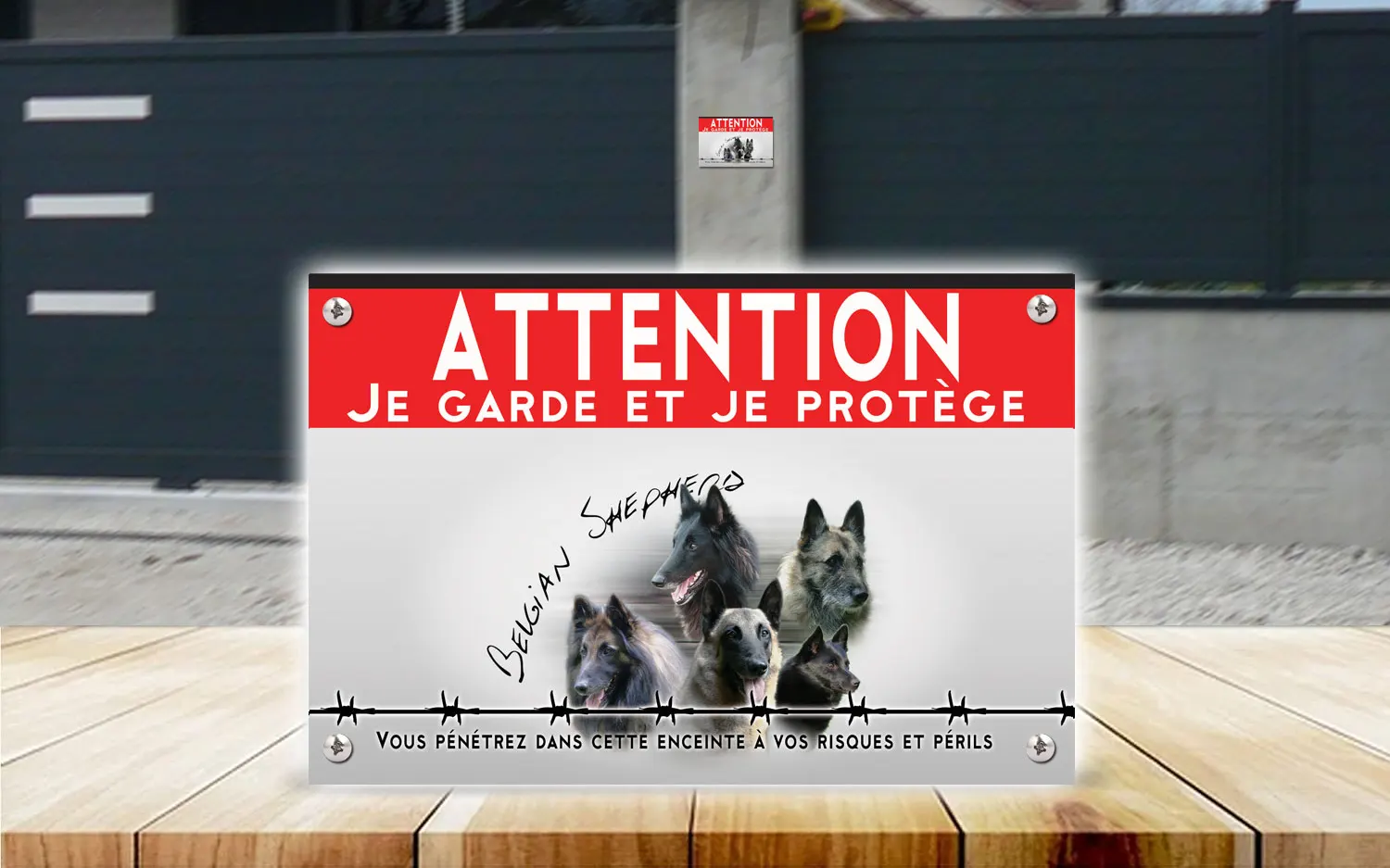 Plaque attention au chien berger belge en dibond 2 mm, posée sur un portail