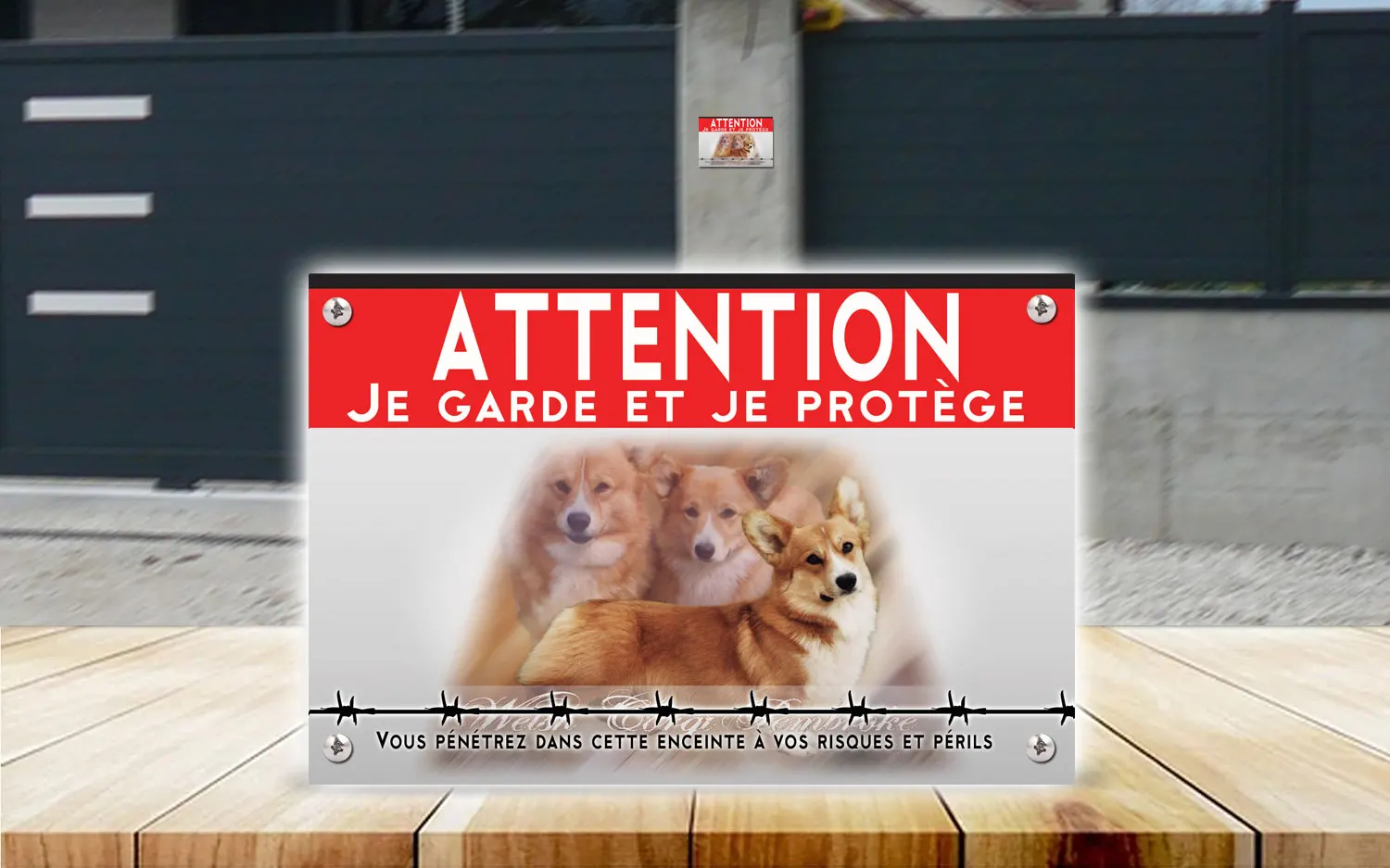 Plaque attention au chien welsh corgi pembroke en dibond 2 mm, posée sur un portail