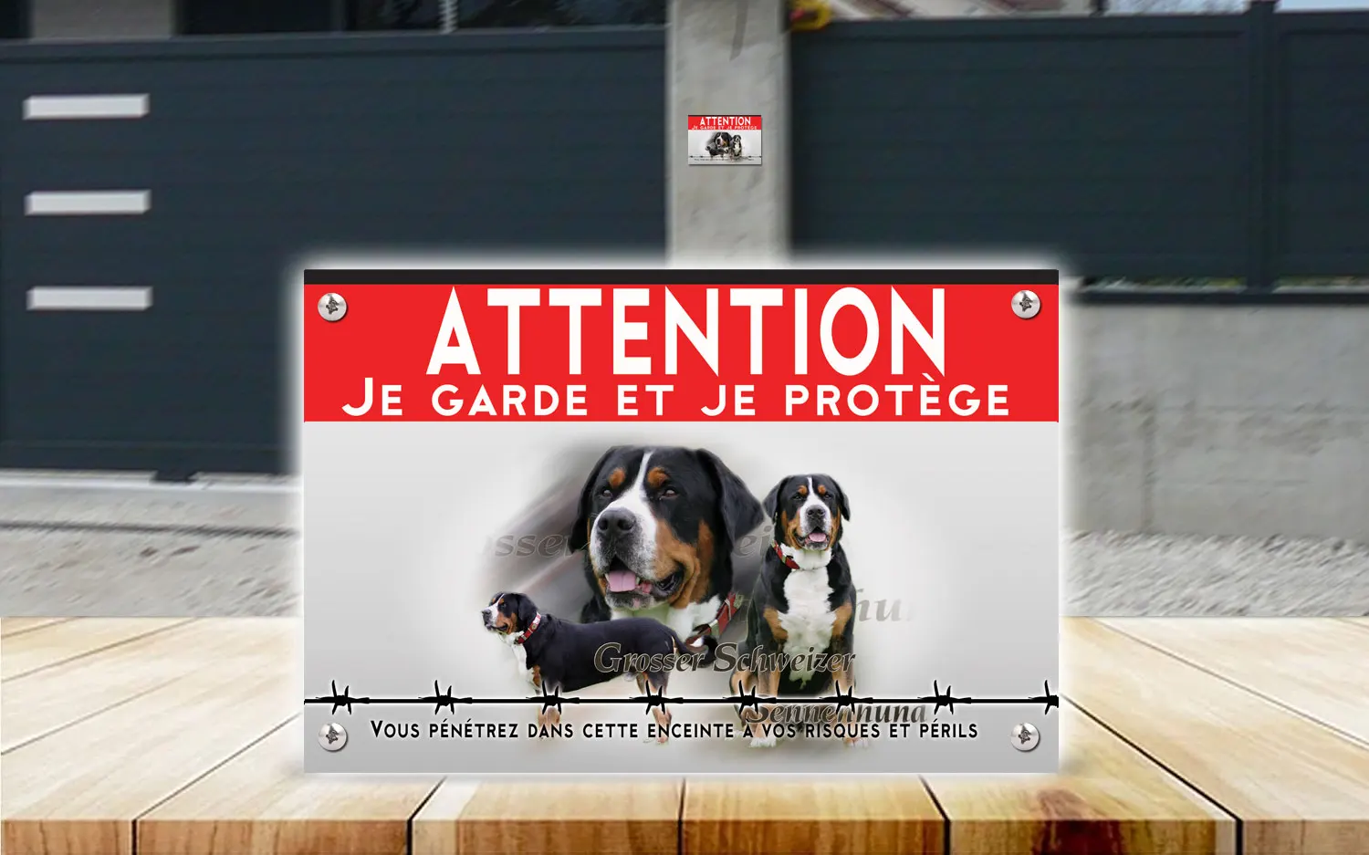 Plaque attention au chien grand bouvier suisse en dibond 2 mm, posée sur un portail