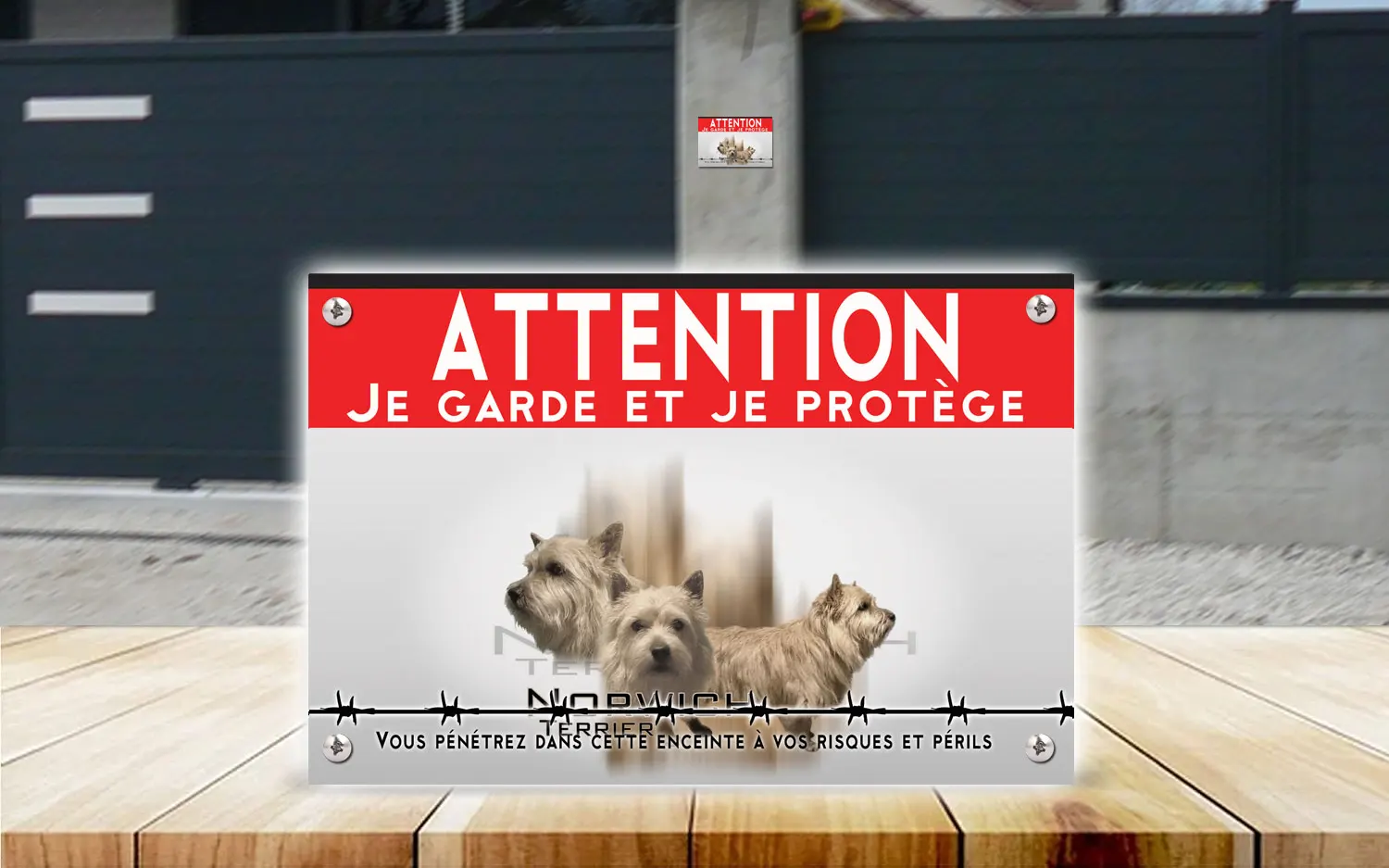 Plaque attention au chien norwich terrier en dibond 2 mm, posée sur un portail