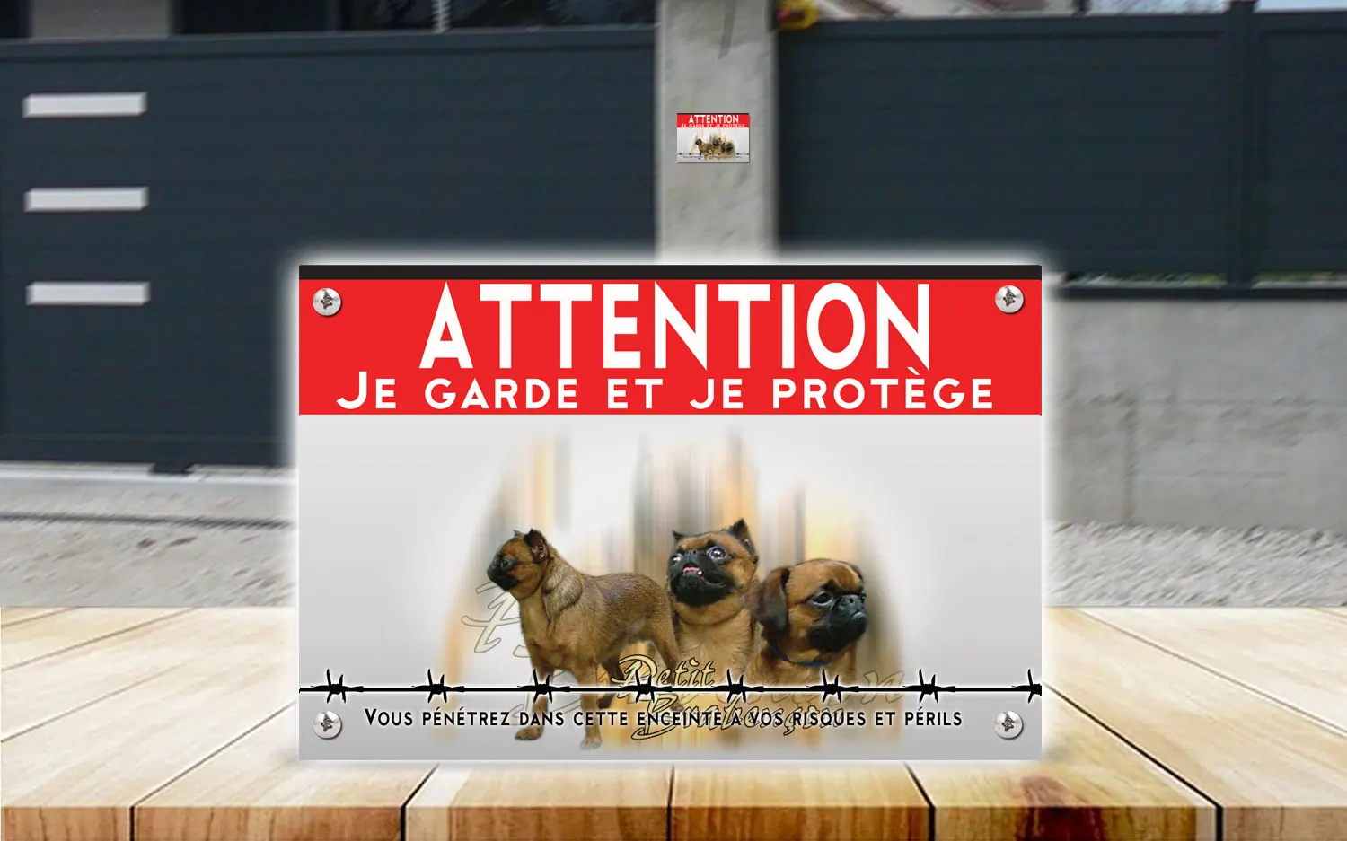Plaque attention au chien petit brabançon en dibond 2 mm, posée sur un portail