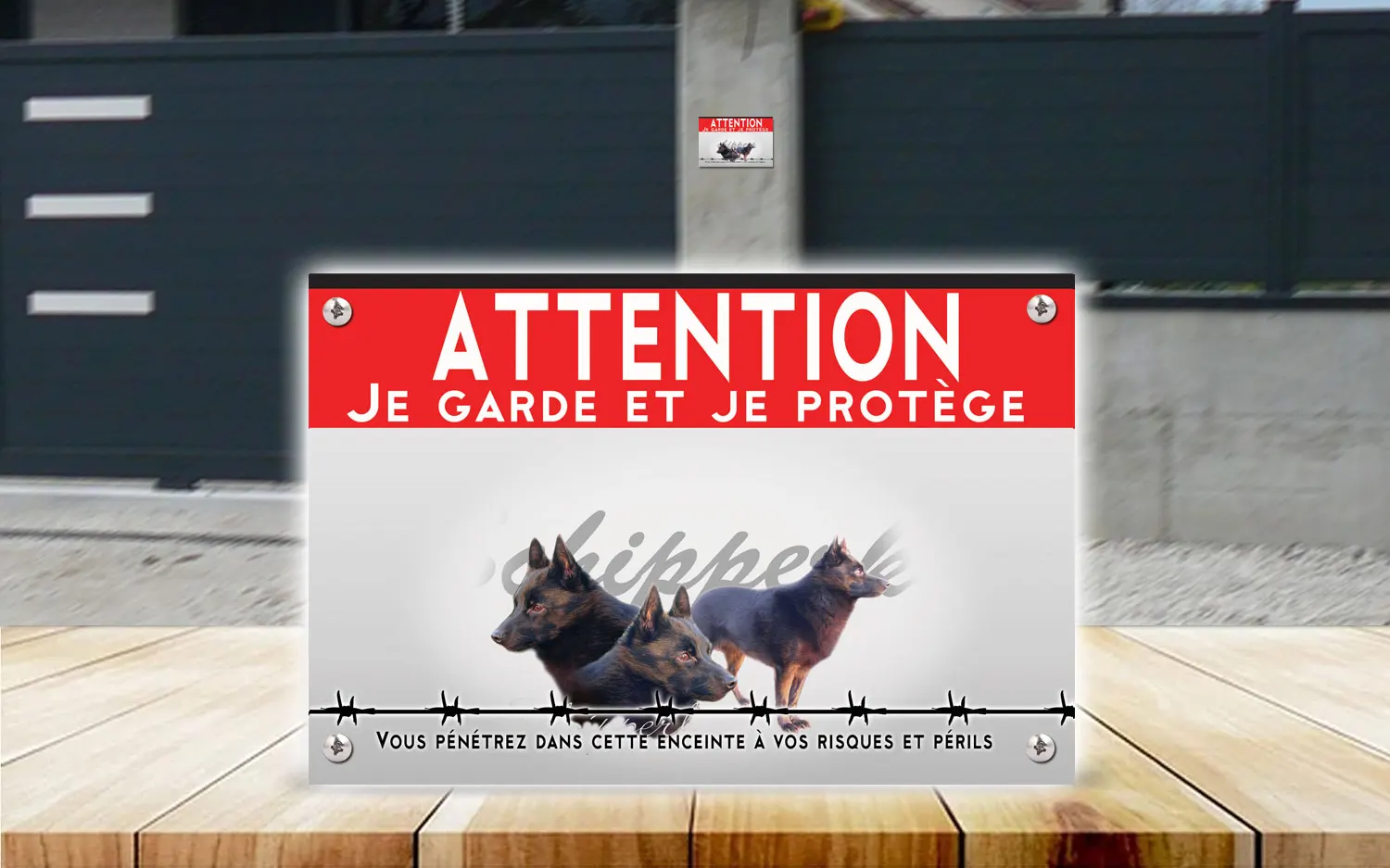 Plaque attention au chien schipperke en dibond 2 mm, posée sur un portail