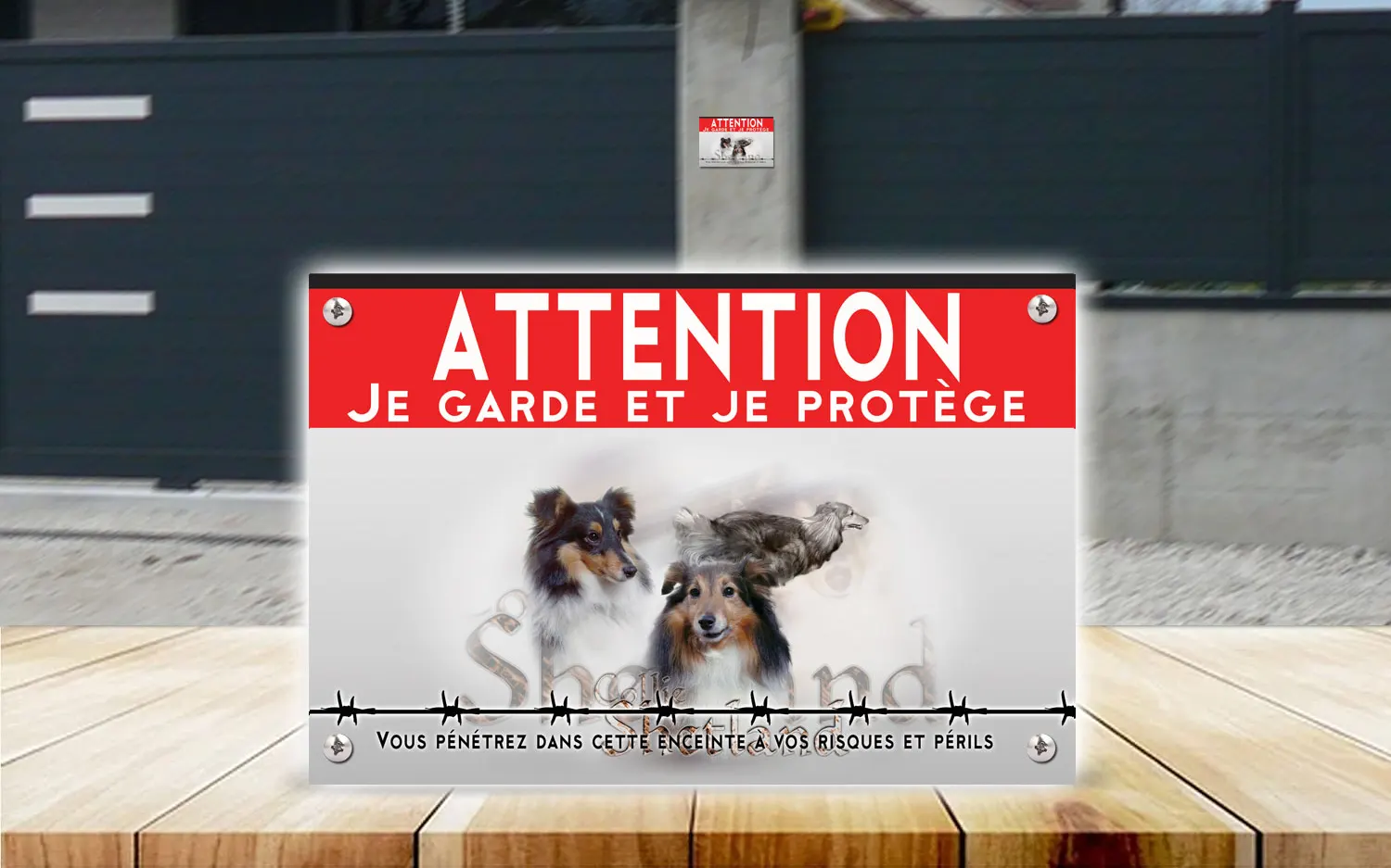 Plaque attention au chien berger des Shetland en dibond 2 mm, posée sur un portail