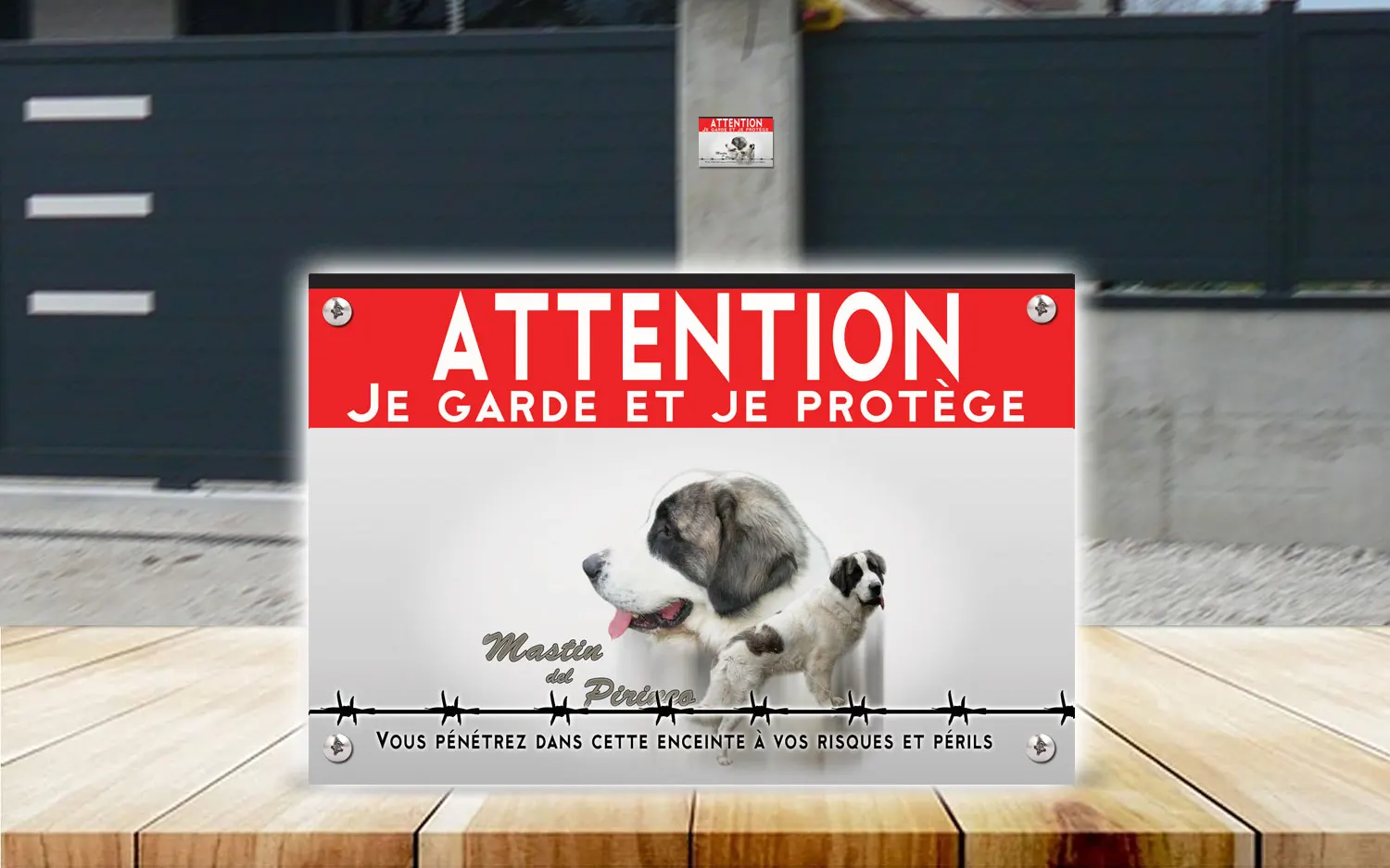 Plaque attention au chien mâtin des Pyrénées en dibond 2 mm, posée sur un portail