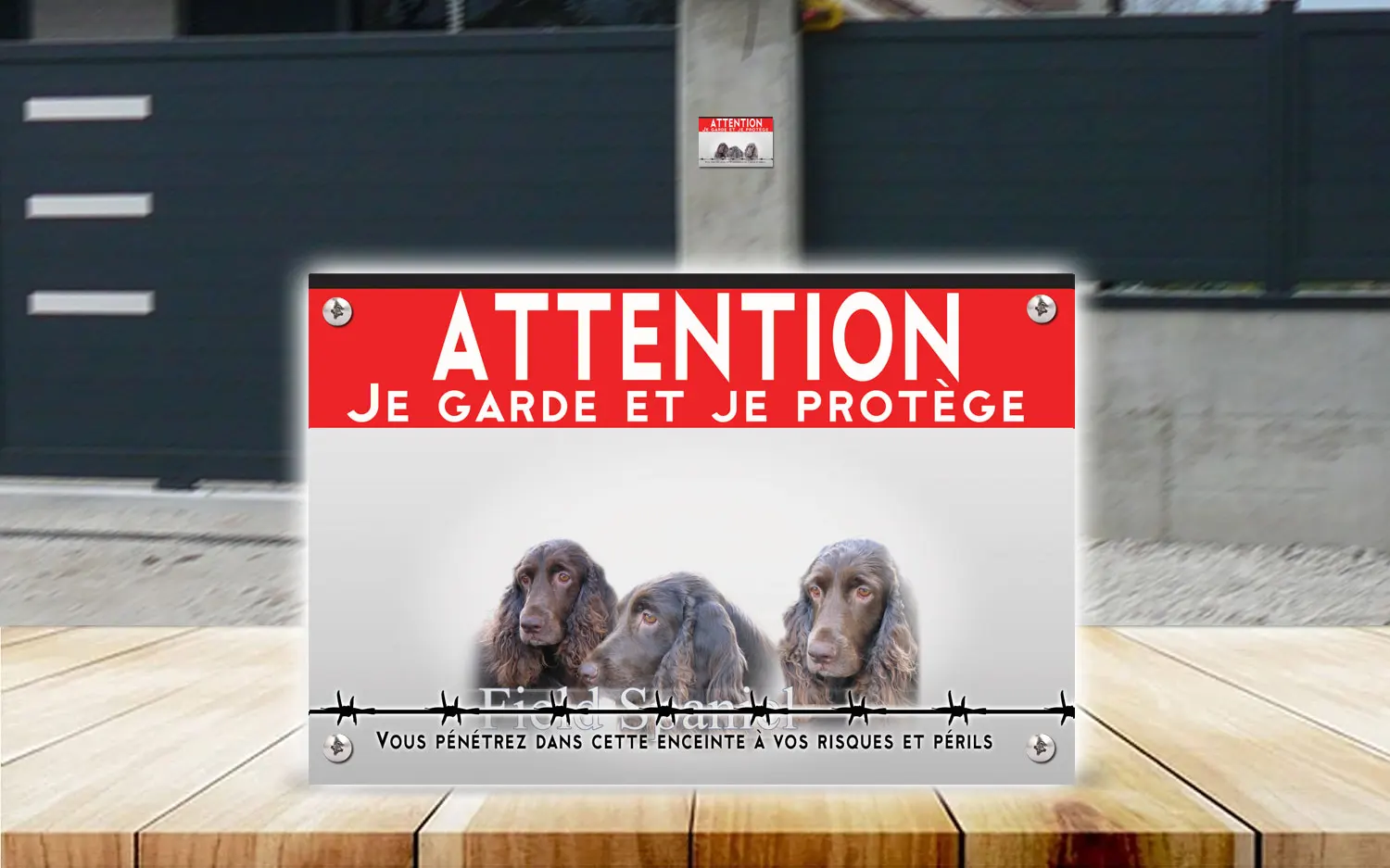 Plaque attention au chien field spaniel en dibond 2 mm, posée sur un portail