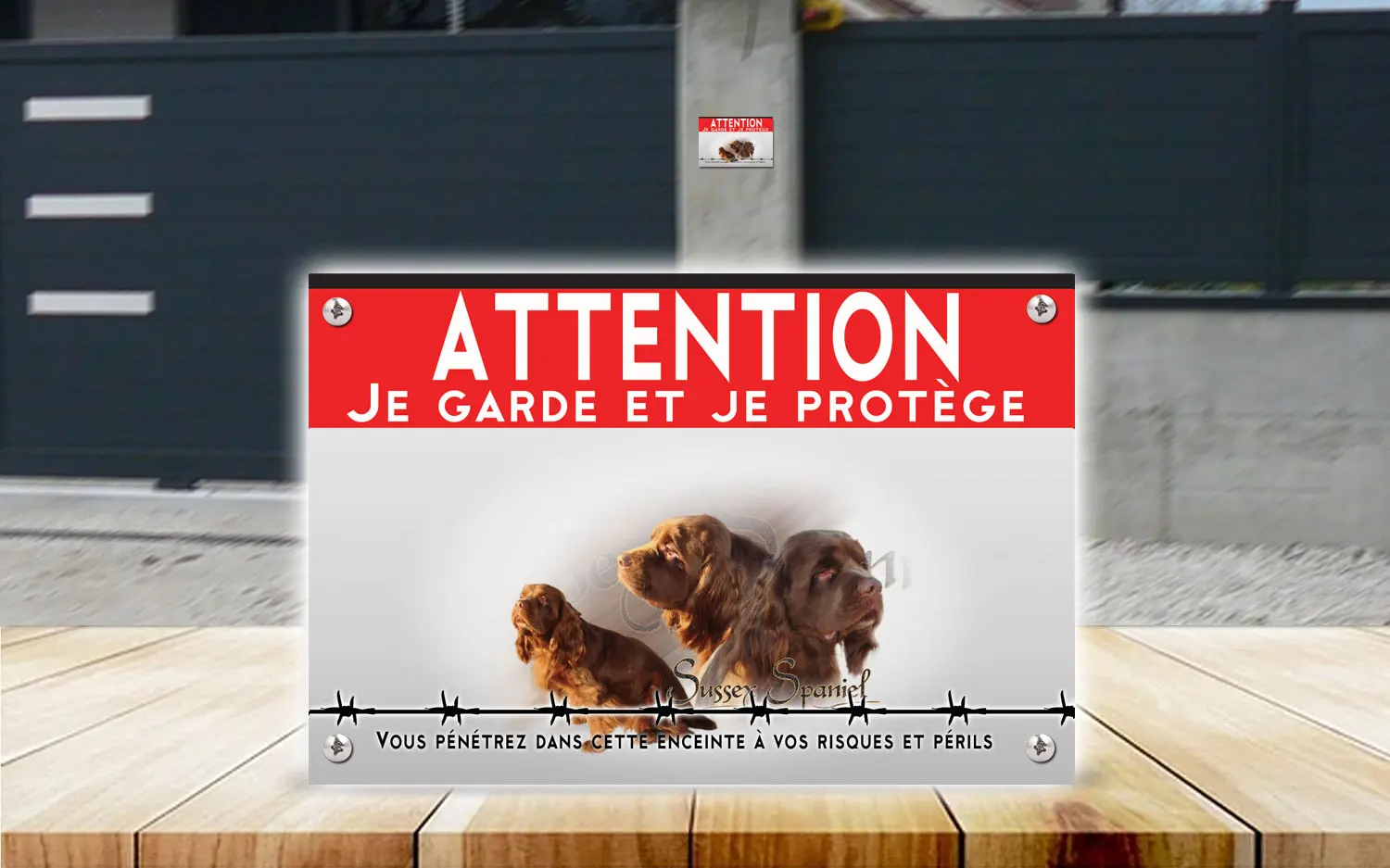 Plaque attention au chien sussex spaniel en dibond 2 mm, posée sur un portail