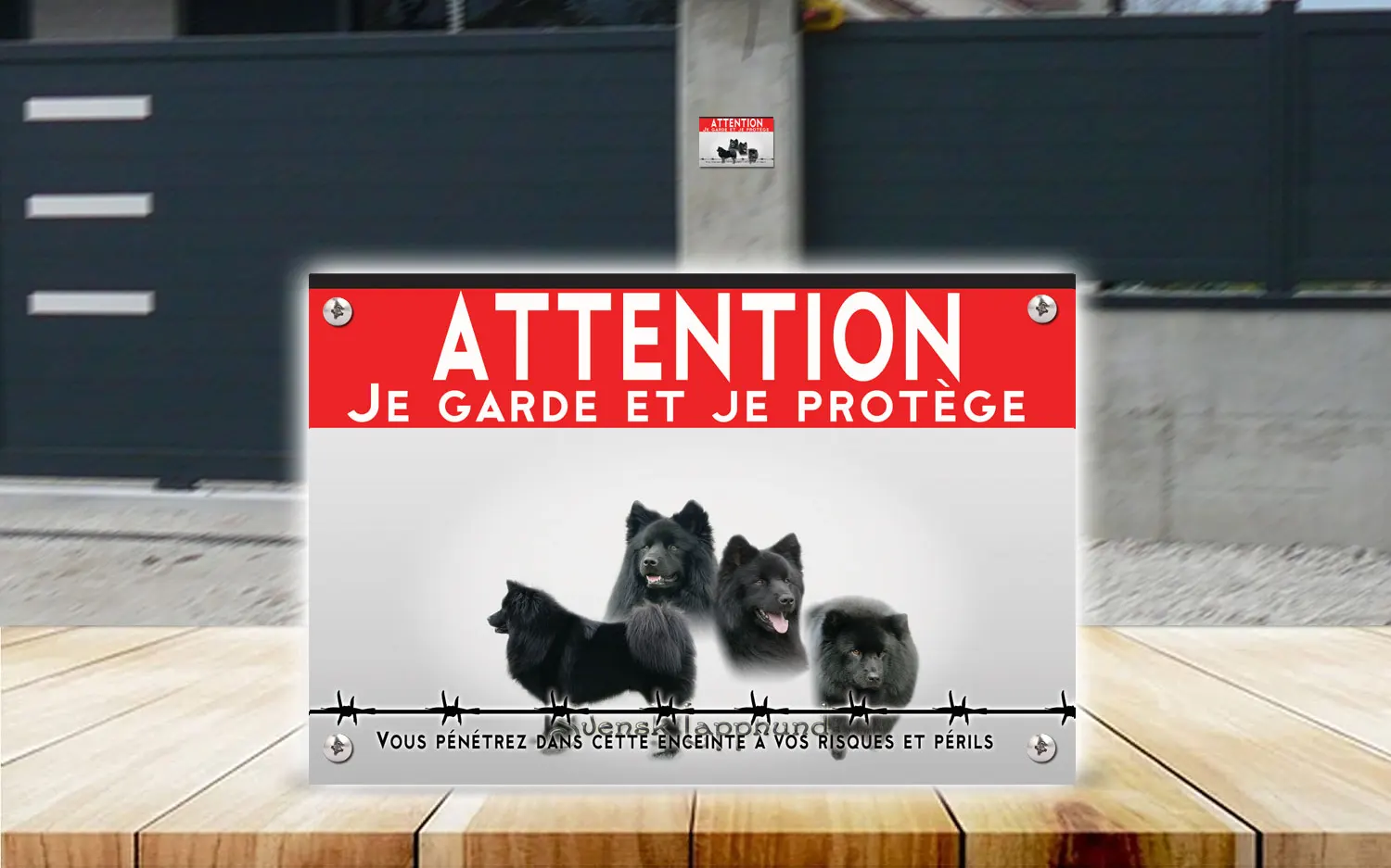 Plaque attention au chien lapphund suédois en dibond 2 mm, posée sur un portail