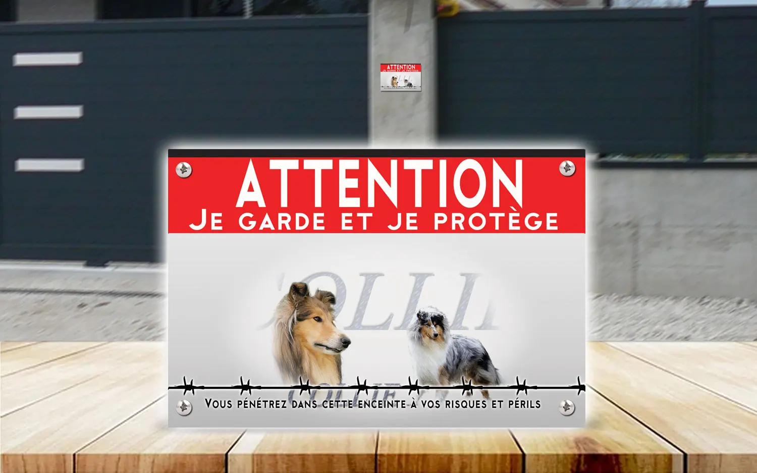 Plaque attention au chien colley à poil long en dibond 2 mm, posée sur un portail