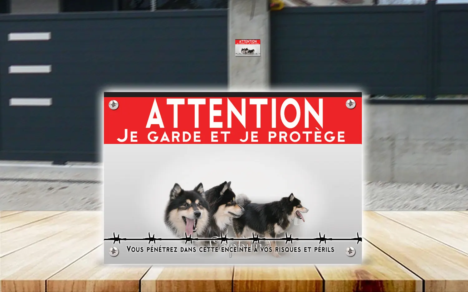 Plaque attention au chien chien finnois de Laponie en dibond 2 mm, posée sur un portail