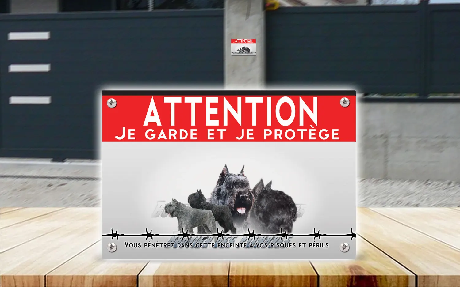 Plaque attention au chien bouvier des Flandres en dibond 2 mm, posée sur un portail