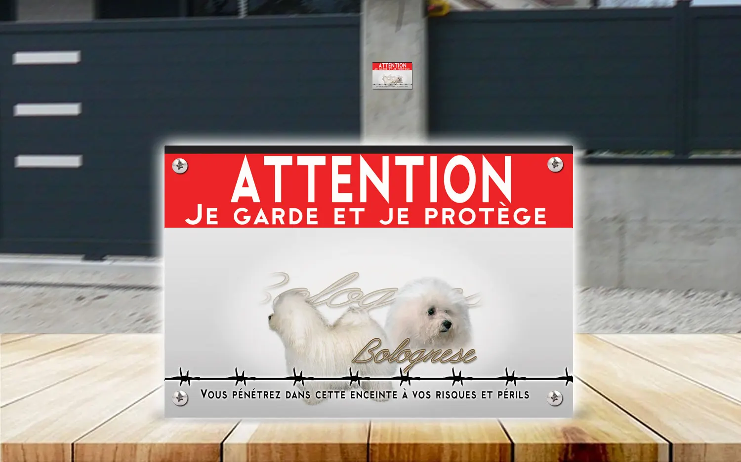 Plaque attention au chien bichon bolonais en dibond 2 mm, posée sur un portail