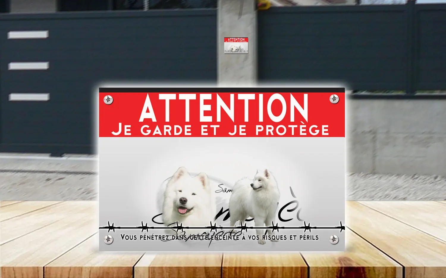 Plaque attention au chien samoyède en dibond 2 mm, posée sur un portail