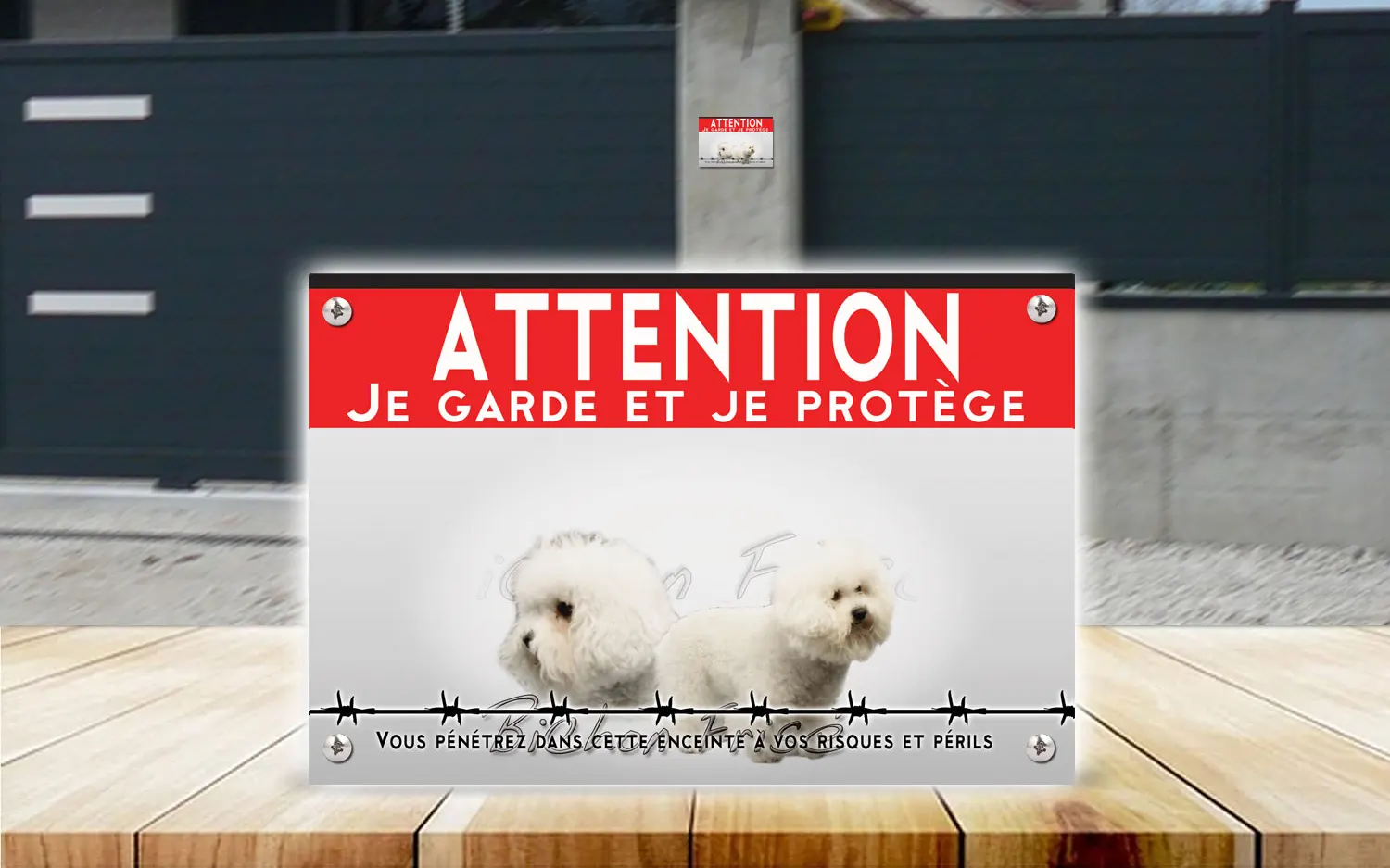 Plaque attention au chien bichon à poil frisé en dibond 2 mm, posée sur un portail