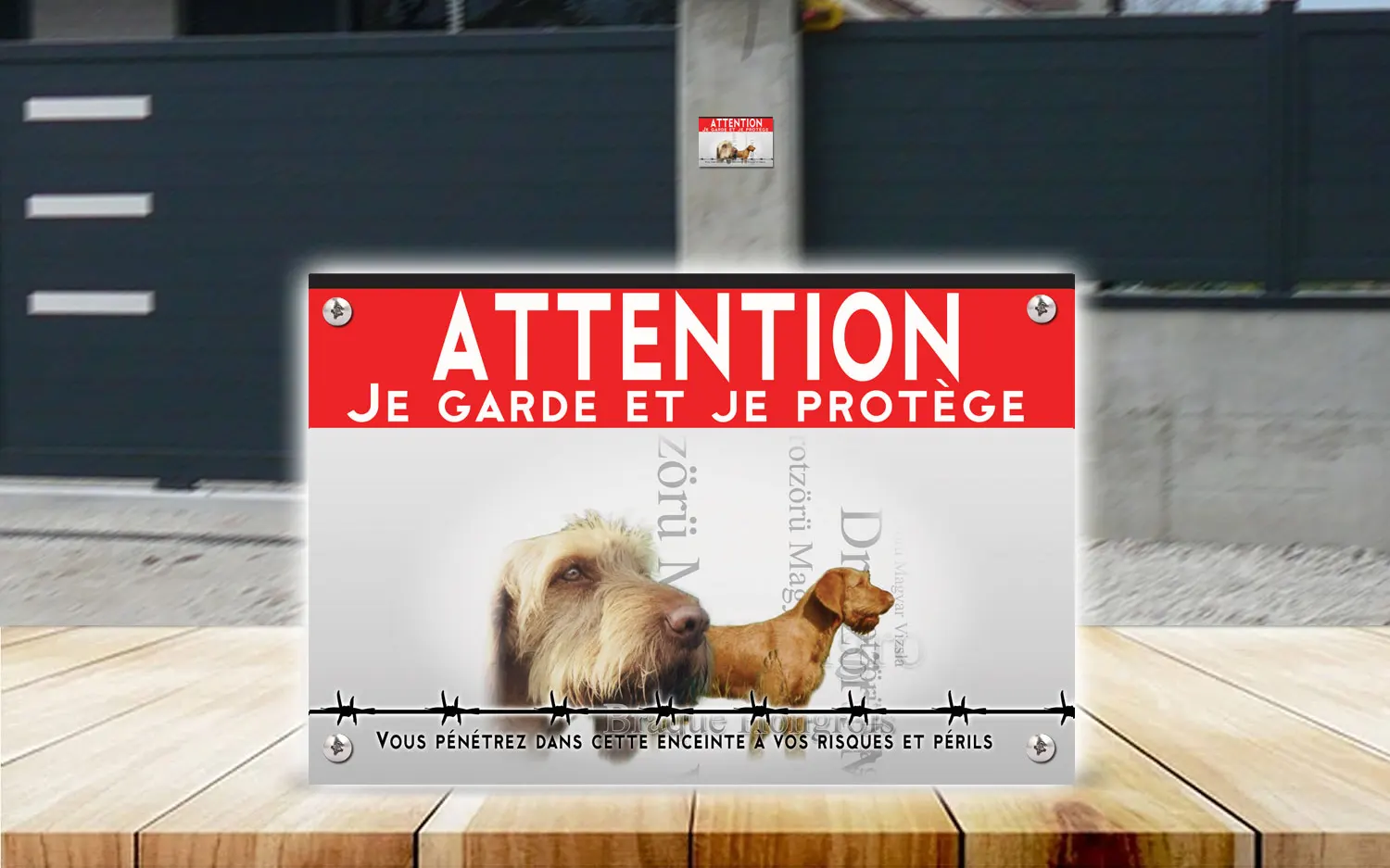 Plaque attention au chien braque hongrois à poil dur en dibond 2 mm, posée sur un portail