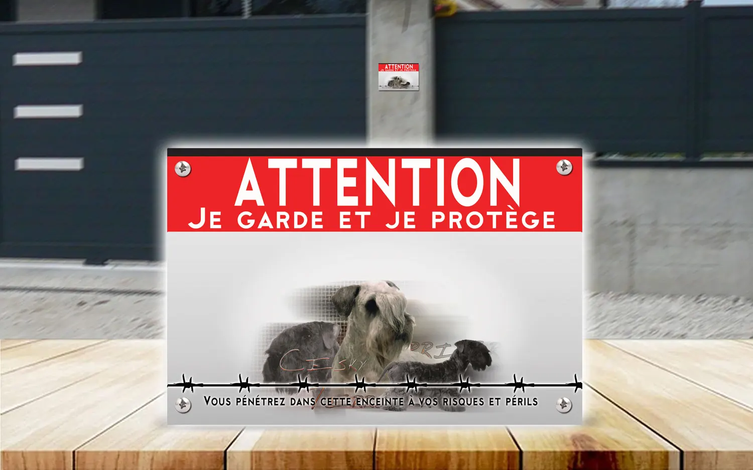 Plaque attention au chien terrier tchèque en dibond 2 mm, posée sur un portail