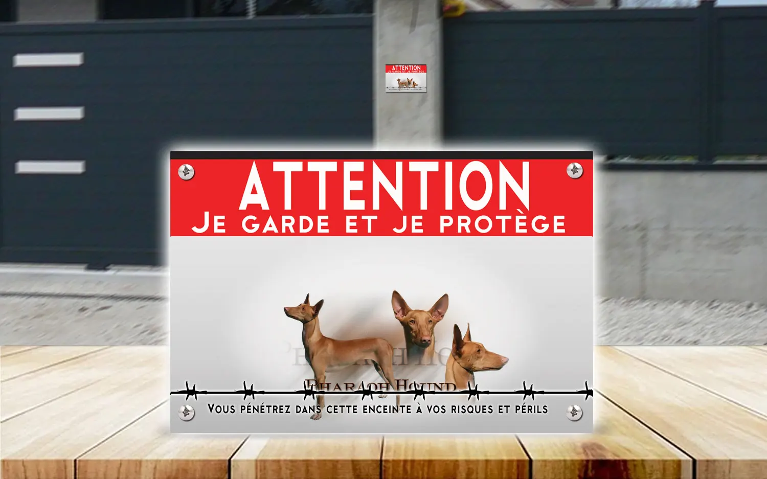 Plaque attention au chien chien du pharaon en dibond 2 mm, posée sur un portail