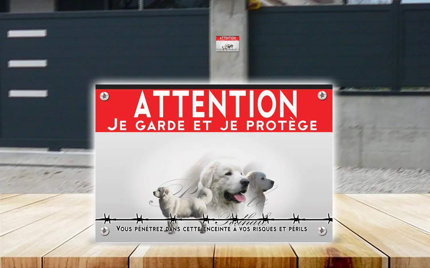 Plaque attention au chien berger polonais de Podhale en dibond 2 mm, posée sur un portail