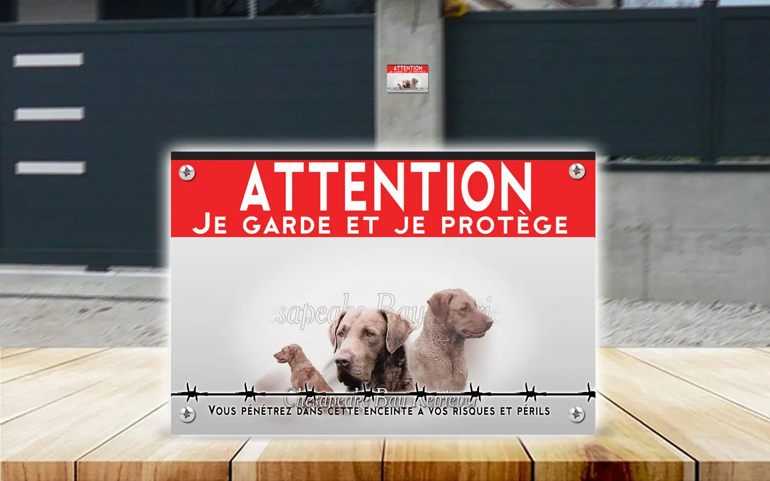 Plaque attention au chien retriever de la baie de Chesapeake en dibond 2 mm, posée sur un portail