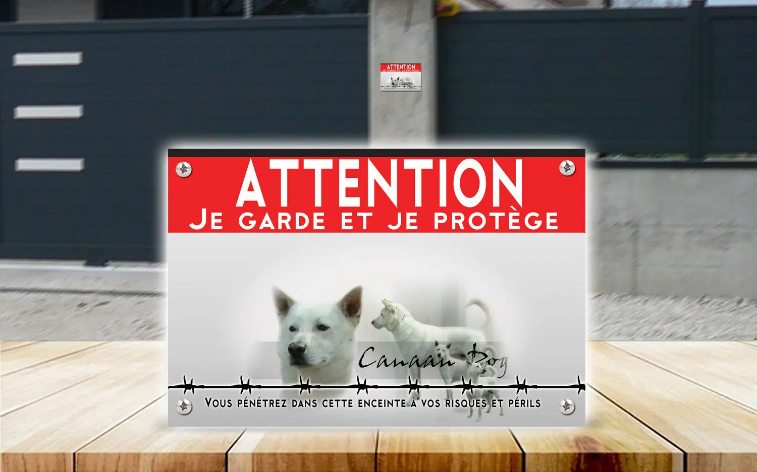 Plaque attention au chien chien de Canaan en dibond 2 mm, posée sur un portail