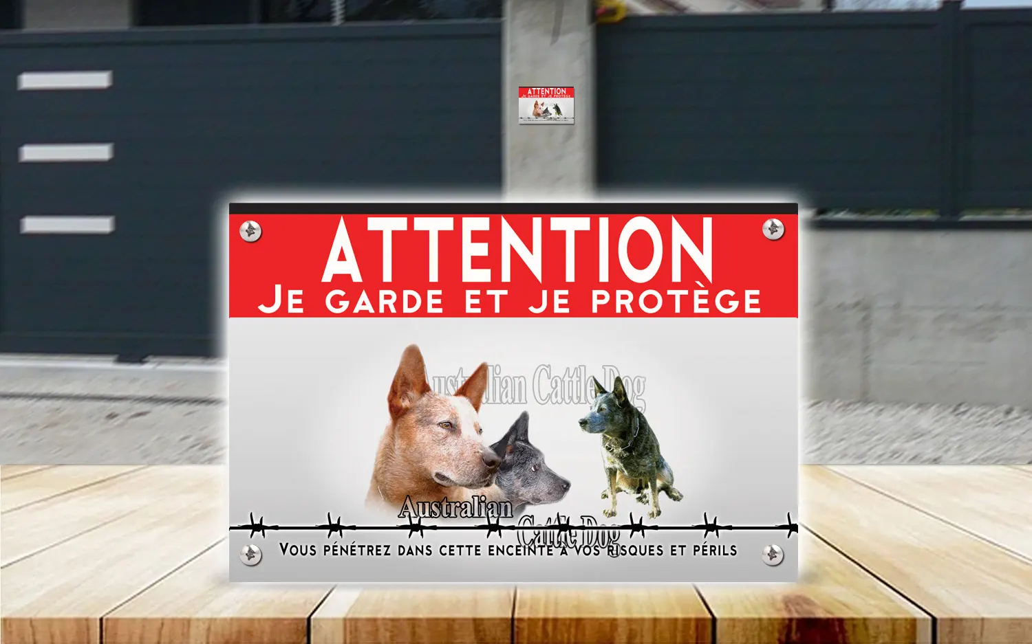Plaque attention au chien bouvier australien en dibond 2 mm, posée sur un portail