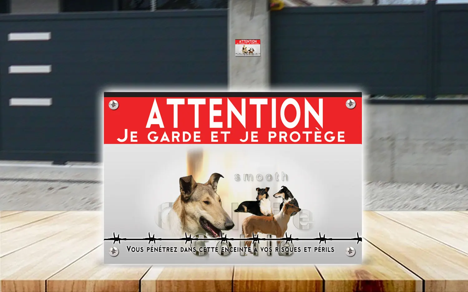 Plaque attention au chien colley à poil court en dibond 2 mm, posée sur un portail