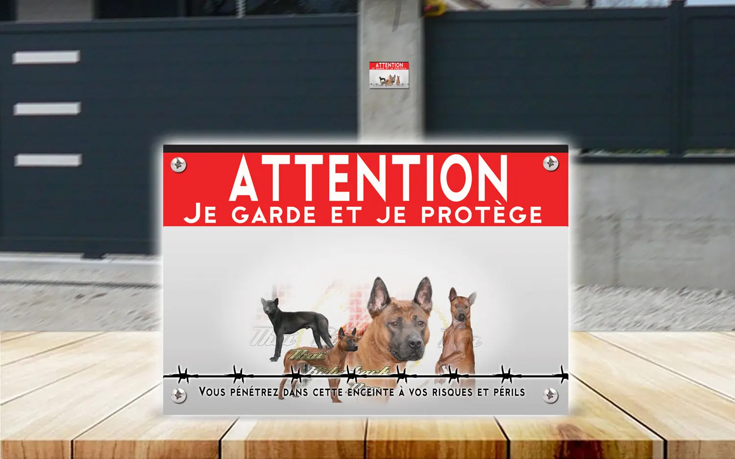 Plaque attention au chien thai ridgeback en dibond 2 mm, posée sur un portail