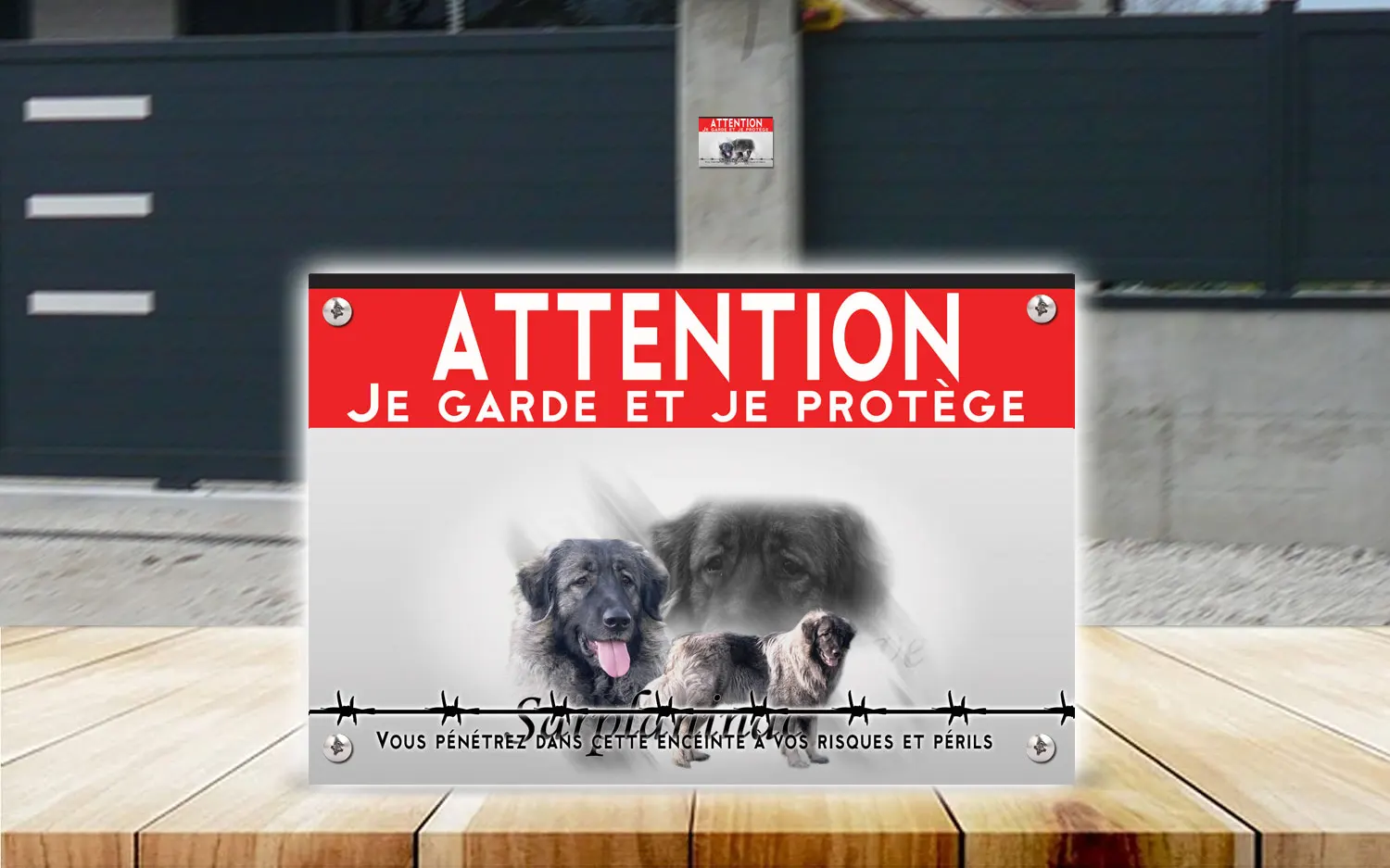 Plaque attention au chien berger yougoslave de Charplanina en dibond 2 mm, posée sur un portail