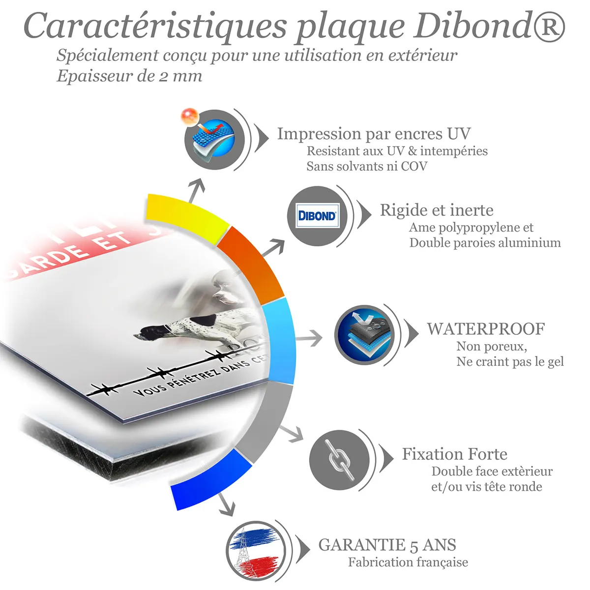 Caractéristiques de la plaque attention au chien pointer anglais : dibond 2 mm, impression UV, garantie 5 ans