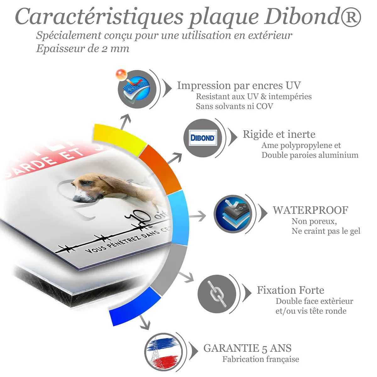 Caractéristiques de la plaque attention au chien poitevin : dibond 2 mm, impression UV, garantie 5 ans