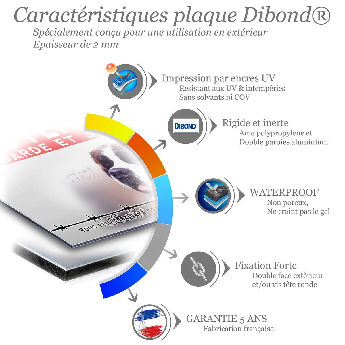 Caractéristiques de la plaque attention au chien saint-bernard : dibond 2 mm, impression UV, garantie 5 ans