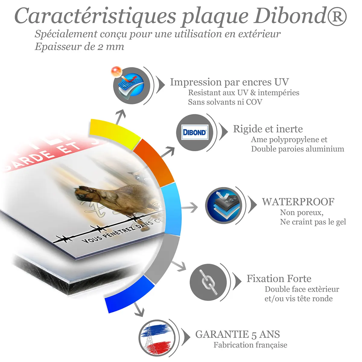 Caractéristiques de la plaque attention au chien petit brabançon : dibond 2 mm, impression UV, garantie 5 ans