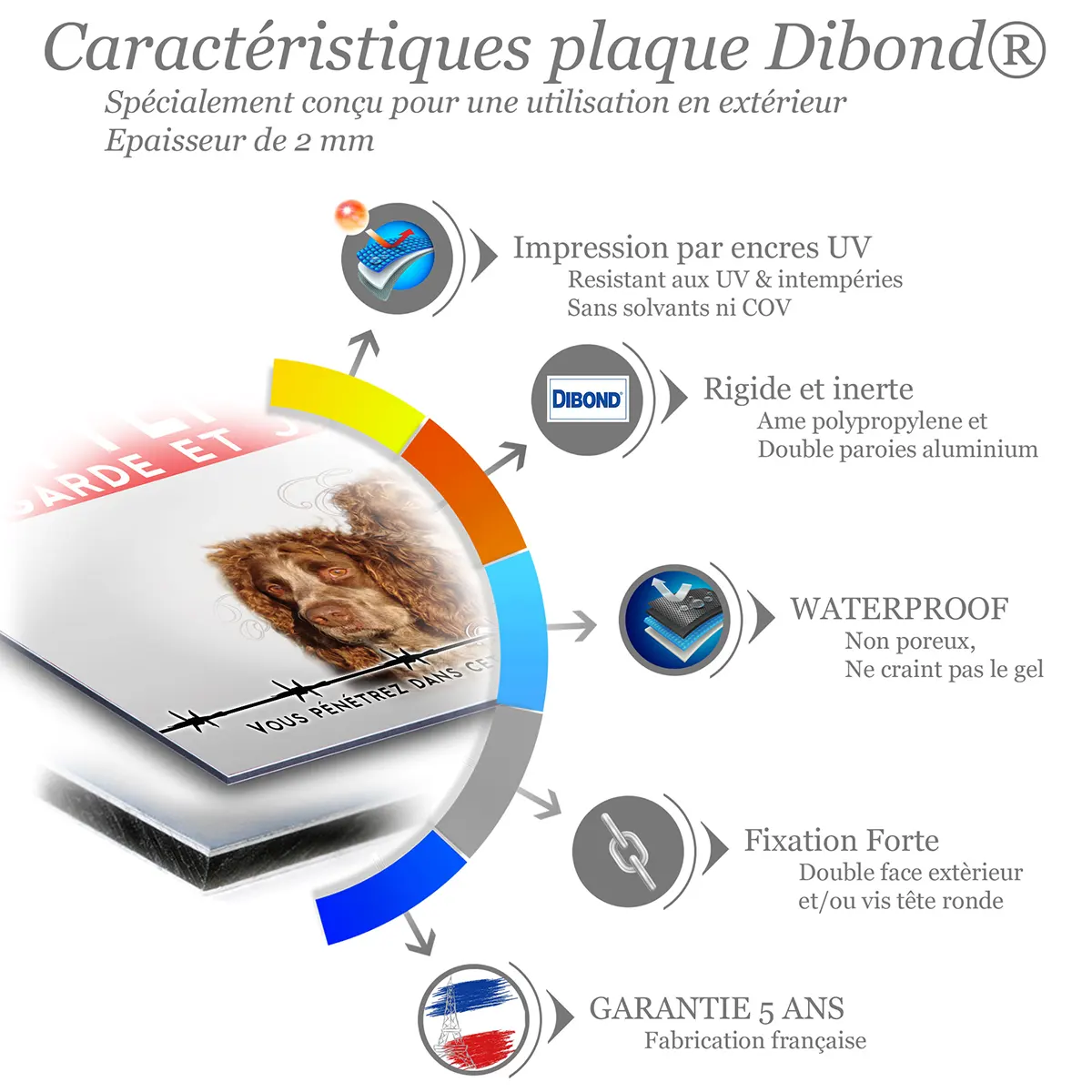 Caractéristiques de la plaque attention au chien épagneul de Pont-Audemer : dibond 2 mm, impression UV, garantie 5 ans