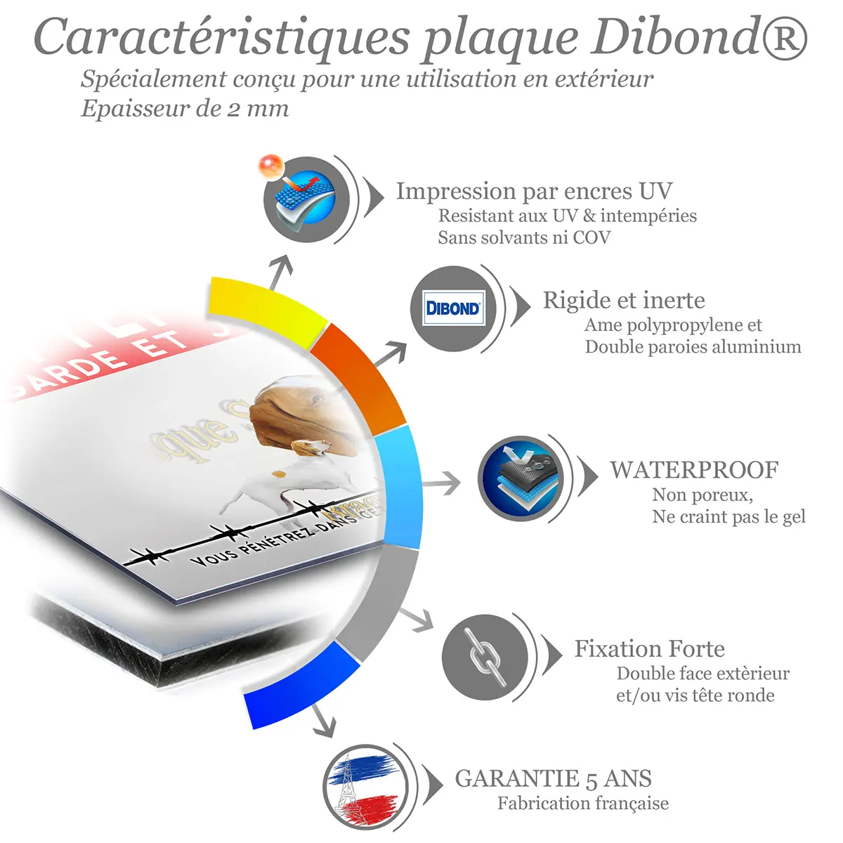 Caractéristiques de la plaque attention au chien braque Saint-Germain : dibond 2 mm, impression UV, garantie 5 ans