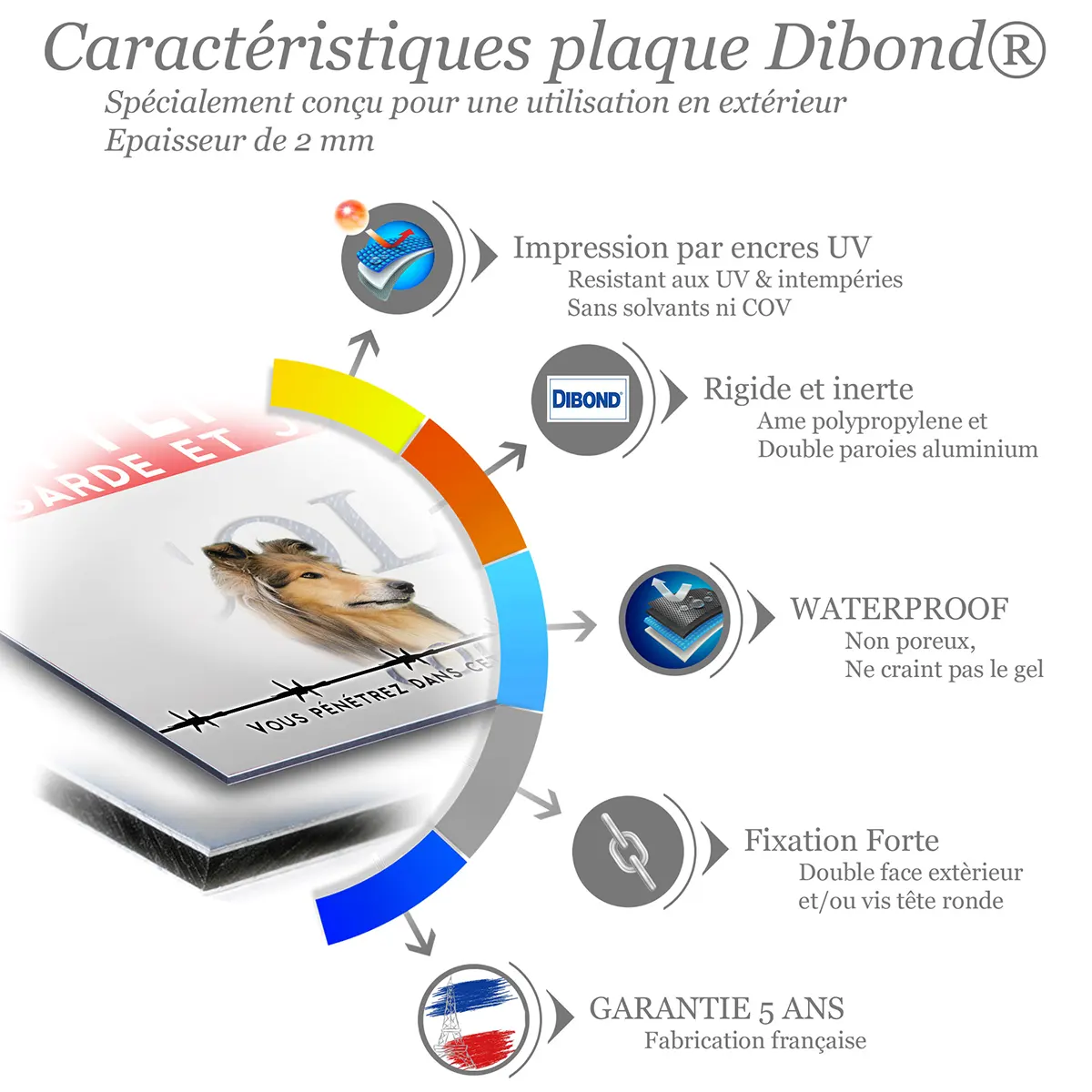 Caractéristiques de la plaque attention au chien colley à poil long : dibond 2 mm, impression UV, garantie 5 ans