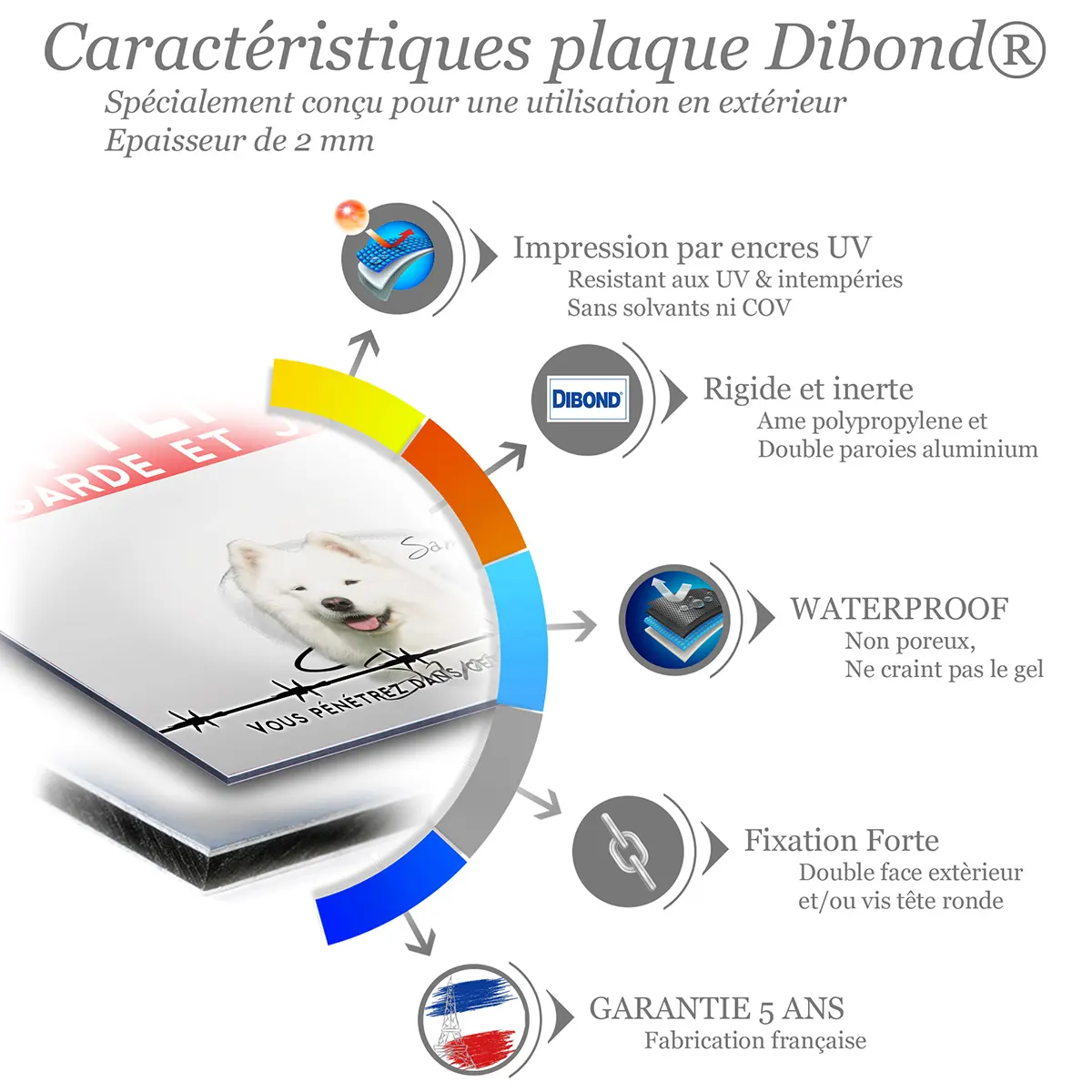 Caractéristiques de la plaque attention au chien samoyède : dibond 2 mm, impression UV, garantie 5 ans