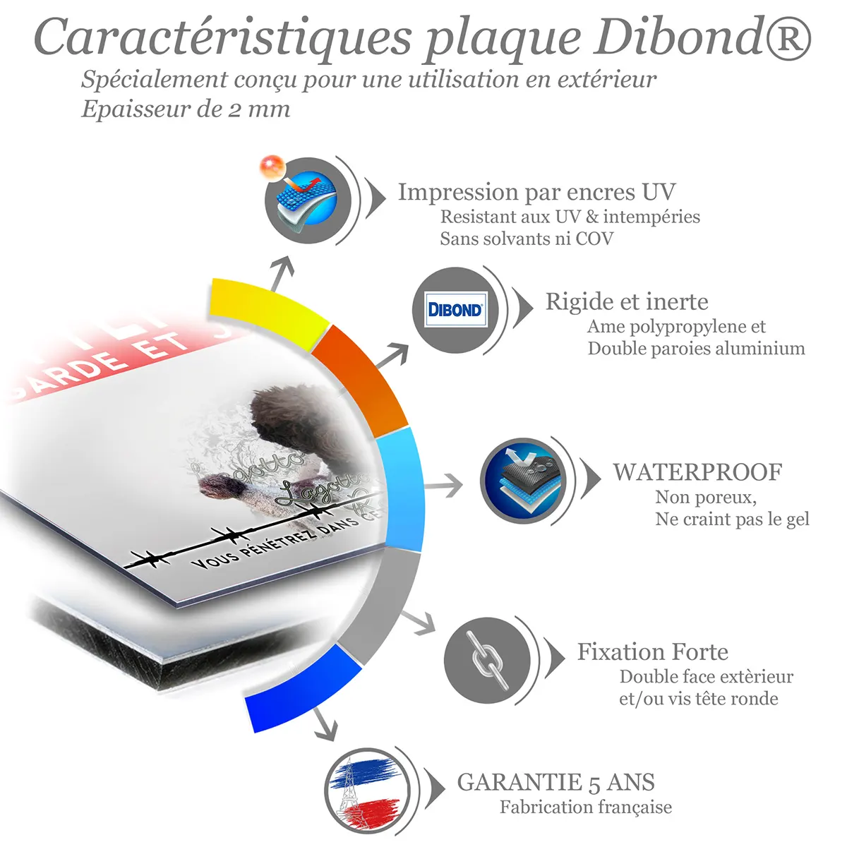 Caractéristiques de la plaque attention au chien chien d'eau romagnol : dibond 2 mm, impression UV, garantie 5 ans